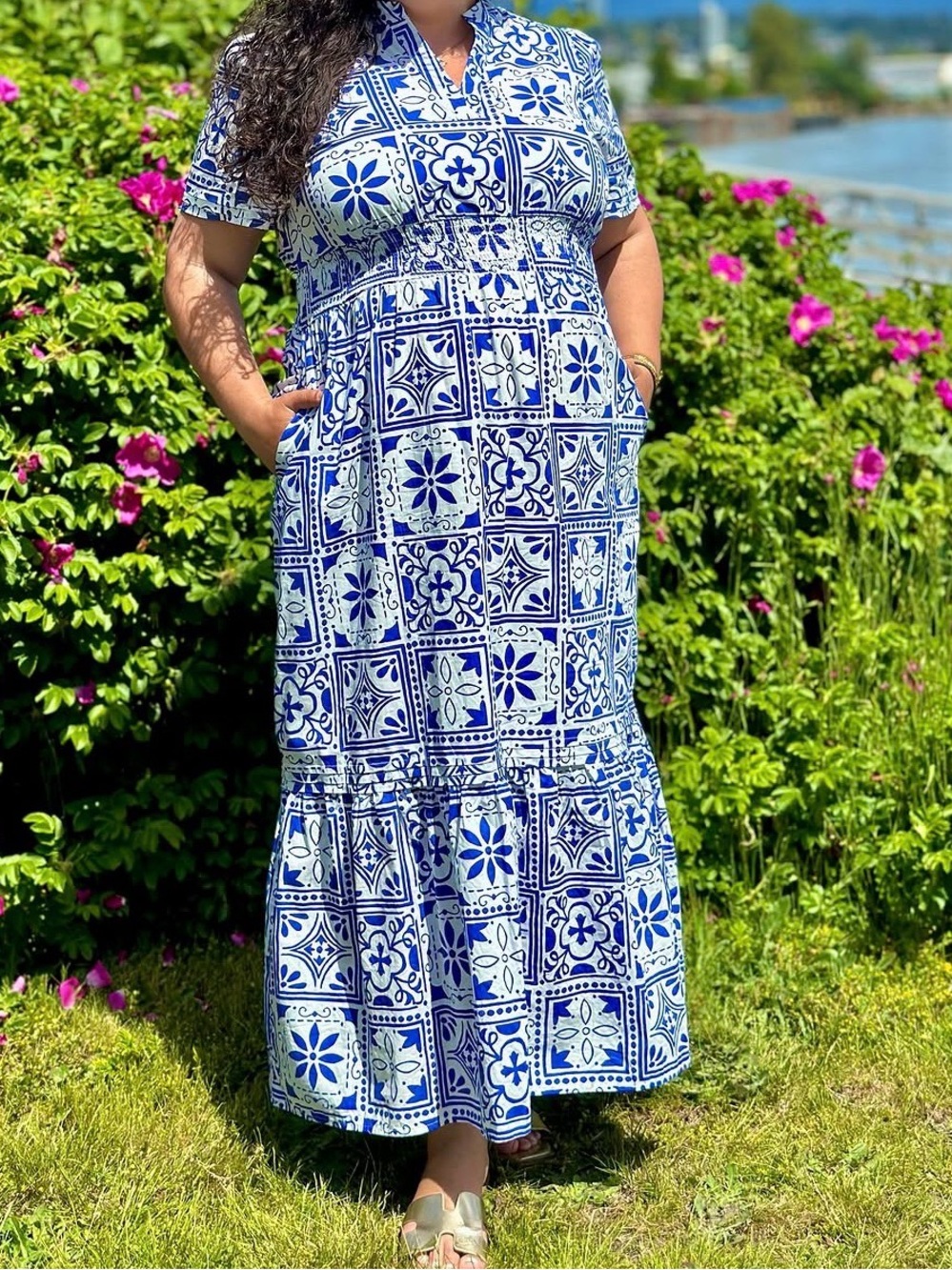 Sugarlips Blue & White Tile-Print Maxi Dress